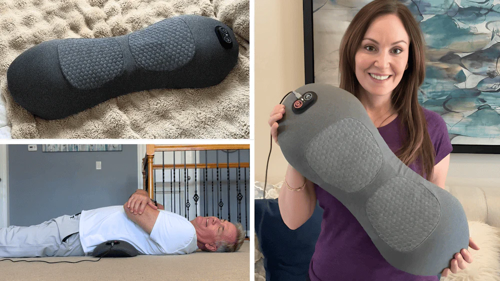 Three photographs: the device resting on a bed, a man lying flat with it positioned under his lower back, and a woman holding it to show its size