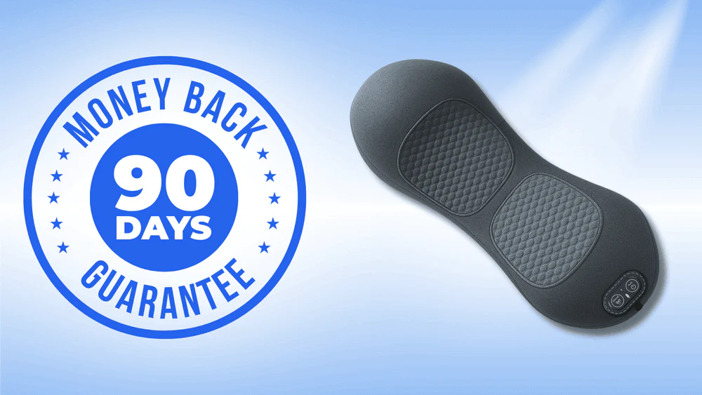 The SmoothSpine Triple Fusion Massager shown alongside a 90-day money-back guarantee seal