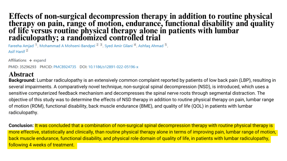 Screenshot of a PubMed abstract for a randomised controlled trial on non-surgical spinal decompression therapy for lumbar radiculopathy